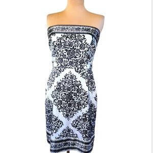 White House Black Market Black White Strapless Satin Wiggle Dress NWOT Size 0/XS